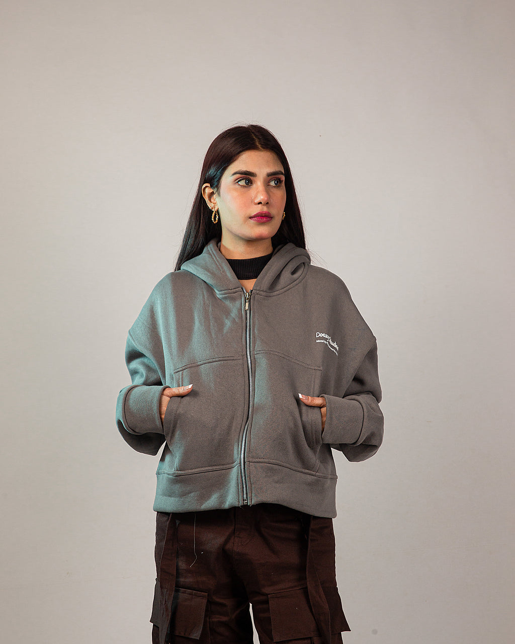 The SABR Cropped Zipper Hoodie - Steel Grey
