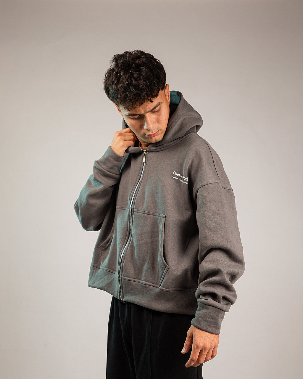 The SABR Cropped Zipper Hoodie - Steel Grey